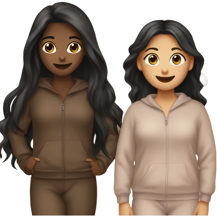 Two girls  sleepover both tan skin  one girl has short dark brown hair and the other has long black hair both matching brown pajamas  ￼ emoji