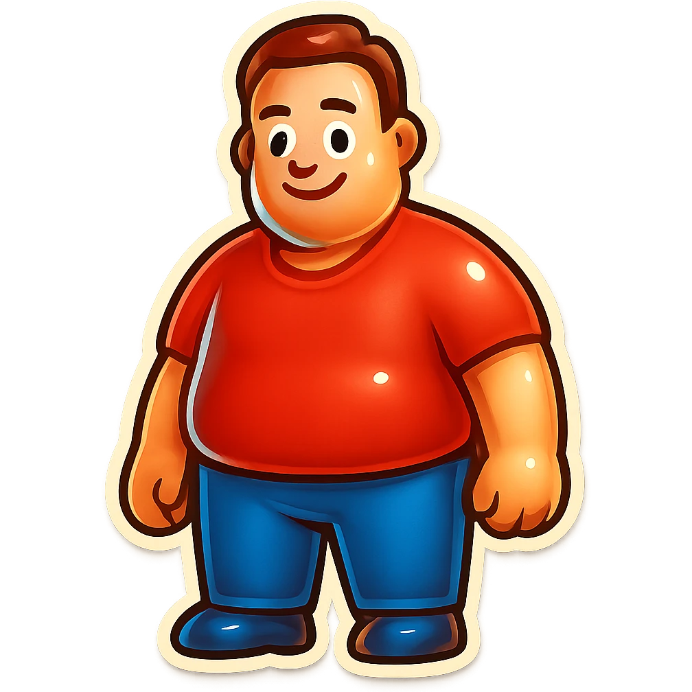 Add a shirt and trousers to the short, stocky man emoji, keep the style and cheerful expression, no background. emoji