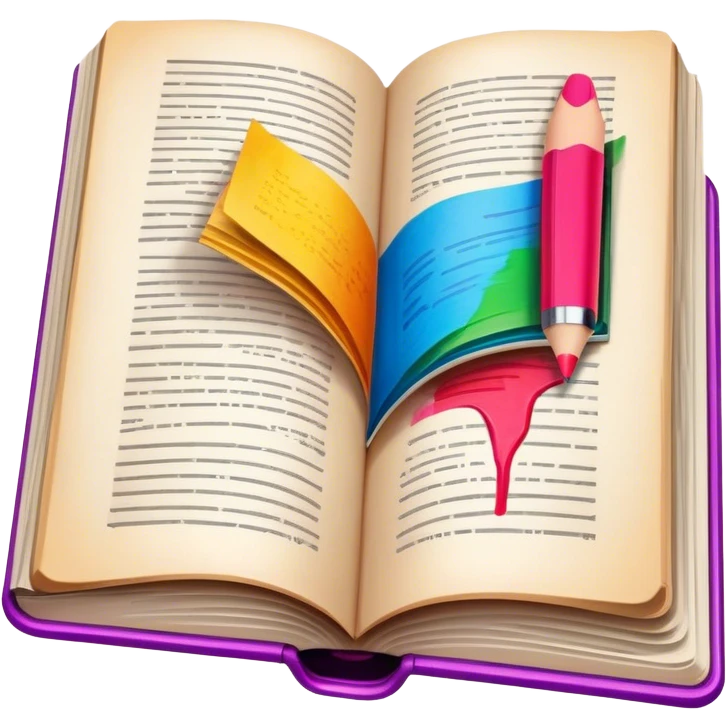Colorful illustration icon, half-drawn scene in an open book, marker strokes, vivid colors, minimalistic design, book pages with partially completed artwork, transparent background. emoji
