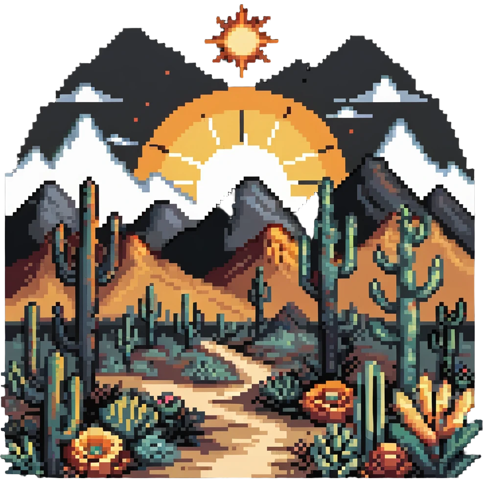 boho-inspired landscape painting with mountains, sun, and desert plants emoji