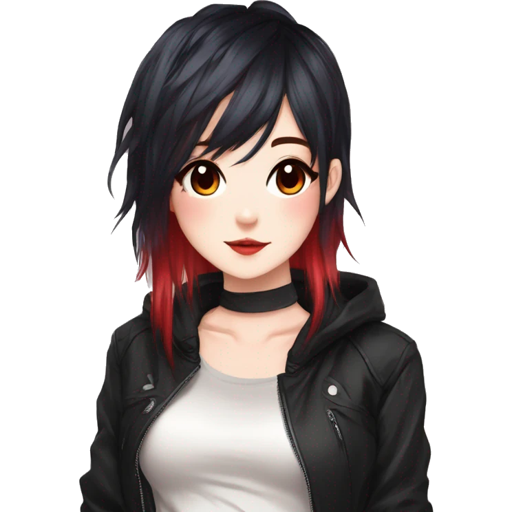 Gorgeous anime style lady with blushing face aesthetic and pretty edgy black red punk hair with hair garment trending style emoji