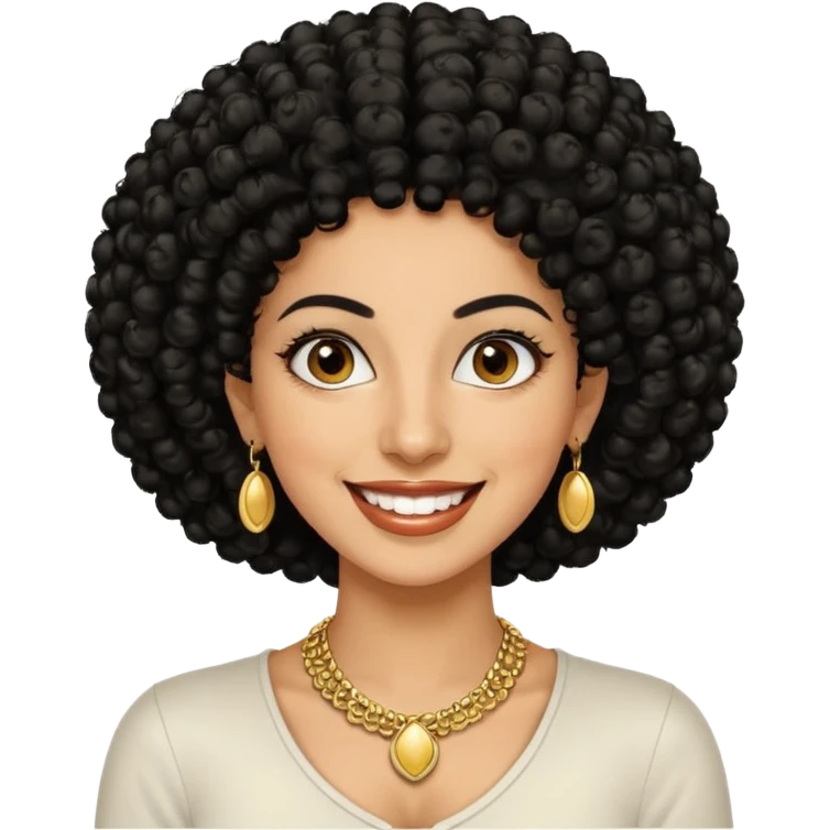 30 year old iranian woman very short curly black hair, big brown eyes, tanned skin, big smile, white teeth, pretty, afro emoji