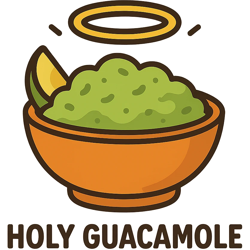 flat toon style holy guacamole, cartoon guacamole bowl with a halo emoji