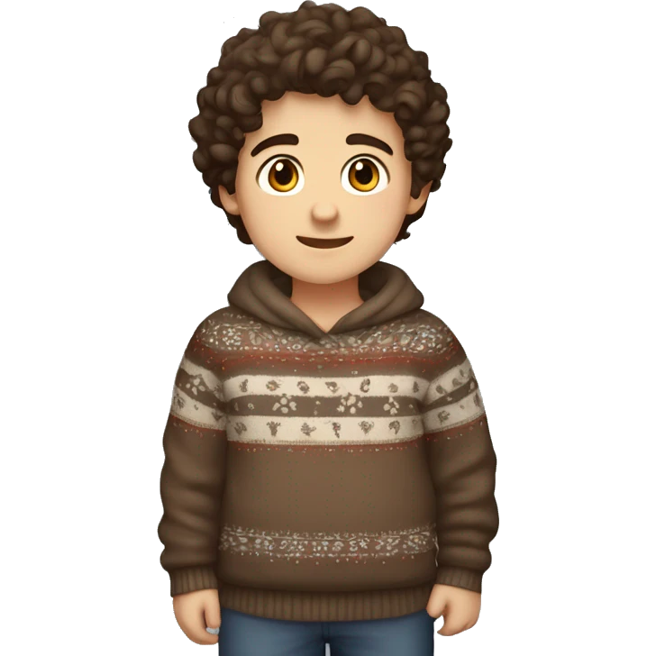 winter, christmas, young boy, short  curly brown hair, brown eyes, hispanic, sweater, full body, chubby emoji