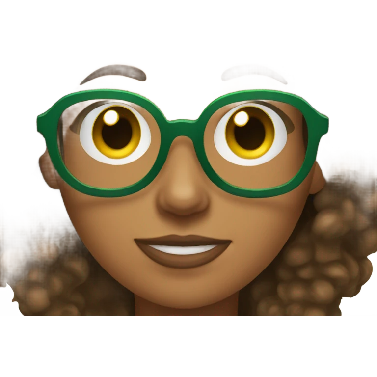 women with brown curly hair and green glasses son her phone emoji