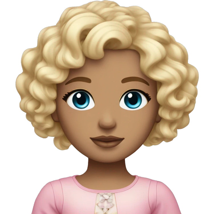 Tan skin, ocean blue doll eyes, blonde curly hair, feminine, pink, girl, angelic emoji