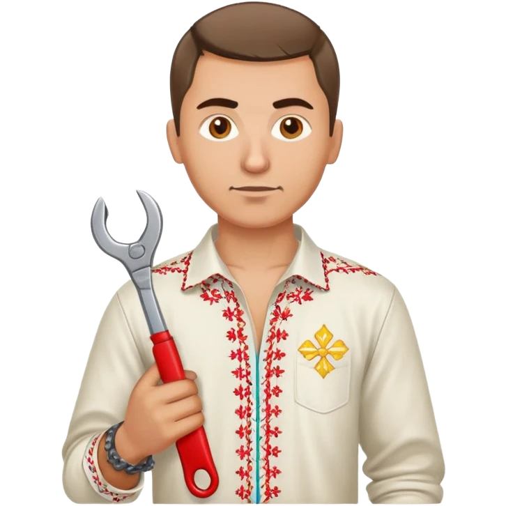 Ukrainian man with traditional embroidered shirt (vyshyvanka) holding a metal spanner wrench and red scissors emoji