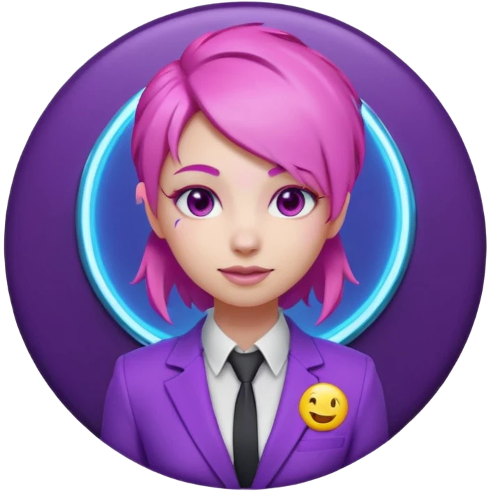 Cute 3D emoji-style girl sexy character with pink hair and purple eyes, inside a circular badge. No hands, no pose. Clean purple suit with a glowing neon-blue ‘C’ logo on the chest, small lightning accent. Smooth Apple-style lighting, friendly expression emoji