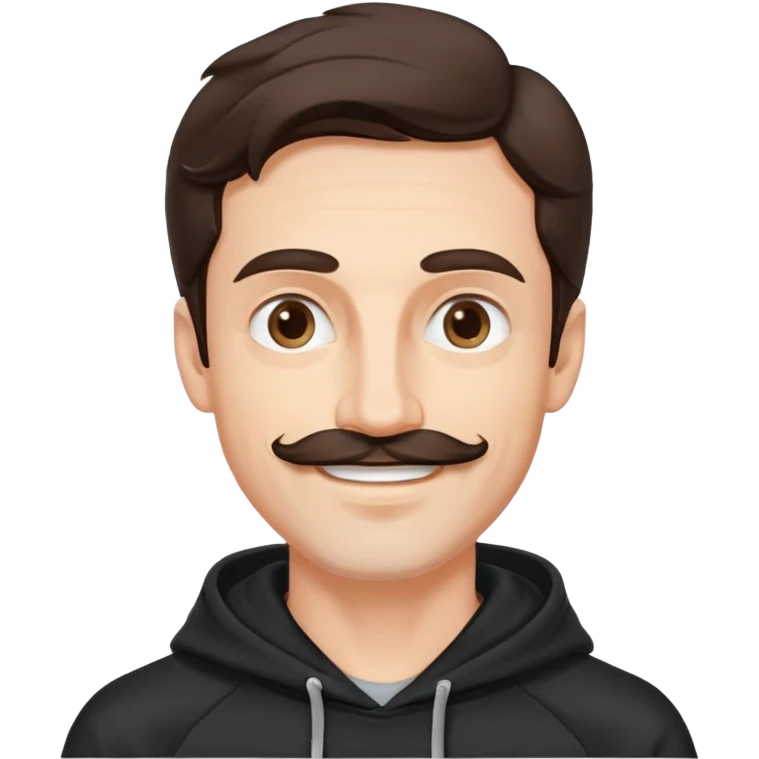 Slim Hombre caucasian, cara alargada, bigote fino, cejas arqueadas, pelo castaño oscuro ondulado. Sonrisa leve, expresión suave-alegre. Hoodie negro. emoji