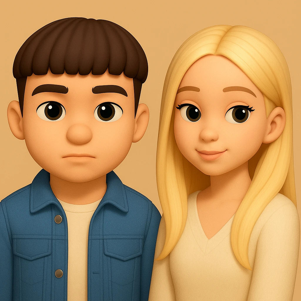 Unify the style of these two 3D emojis by harmonizing skin color, processing, and lighting. Place them on a single background as two separate figures with noticeable space between them. Maintain the 3D emoji style characteristics. emoji