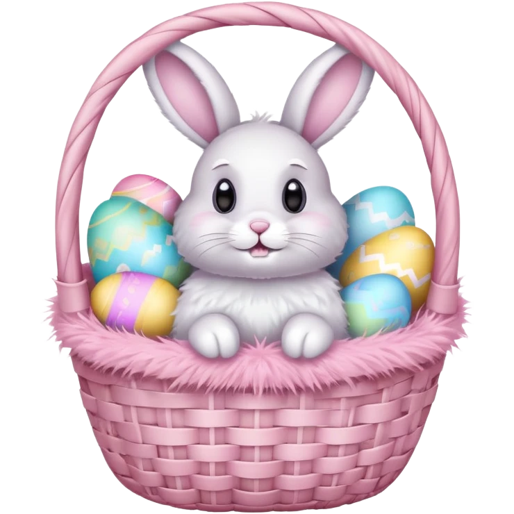 Easter bunny in a light pink basket with Easter eggs emoji