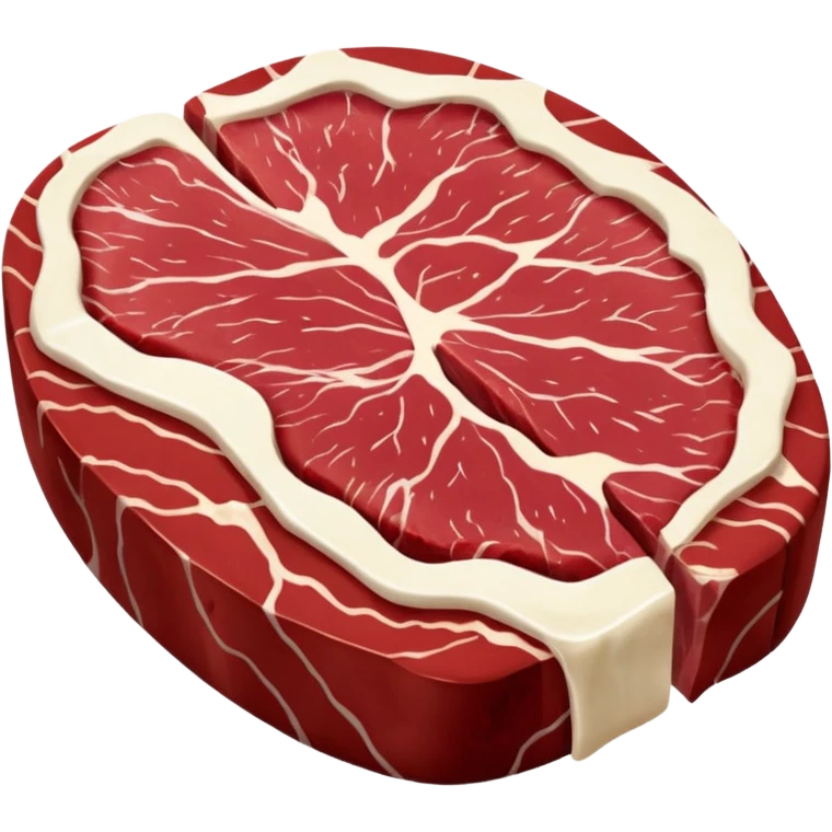 raw chuck steak, beef, irregular oval, deep red, creamy white fat, marbling, connective tissue, fresh, moist, thick, no plate, knife, garnish, soft lighting, emoji scale emoji
