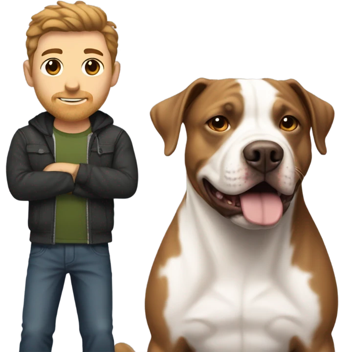 white male with dark brown hair and a lightly scruffy beard shadow standing alongside a white and brown pitbull emoji