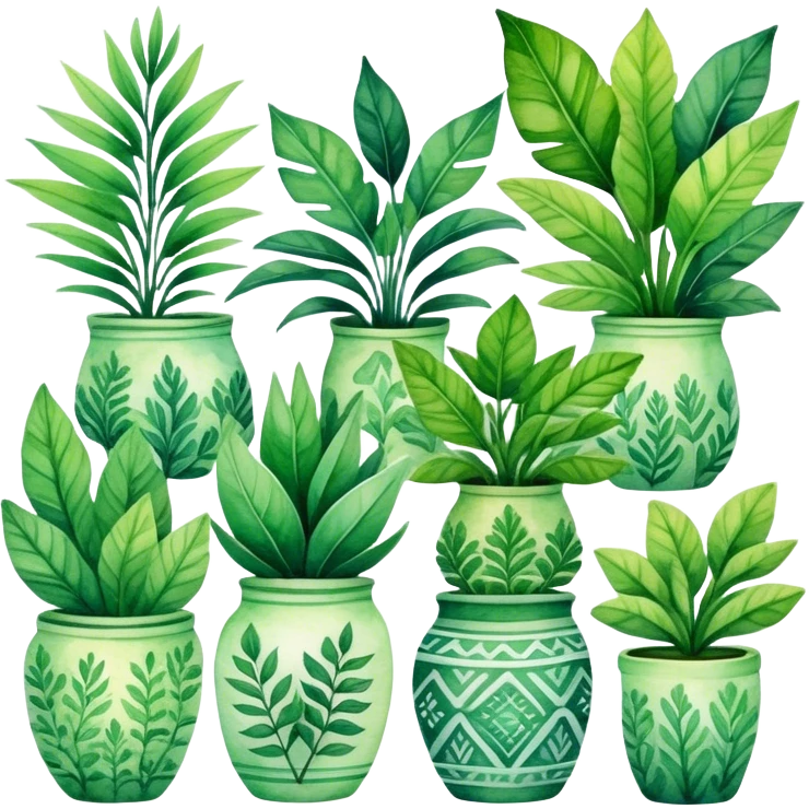 A stylized collection of leafy green plants in boho-inspired pots, arranged artistically in a watercolor painting. emoji