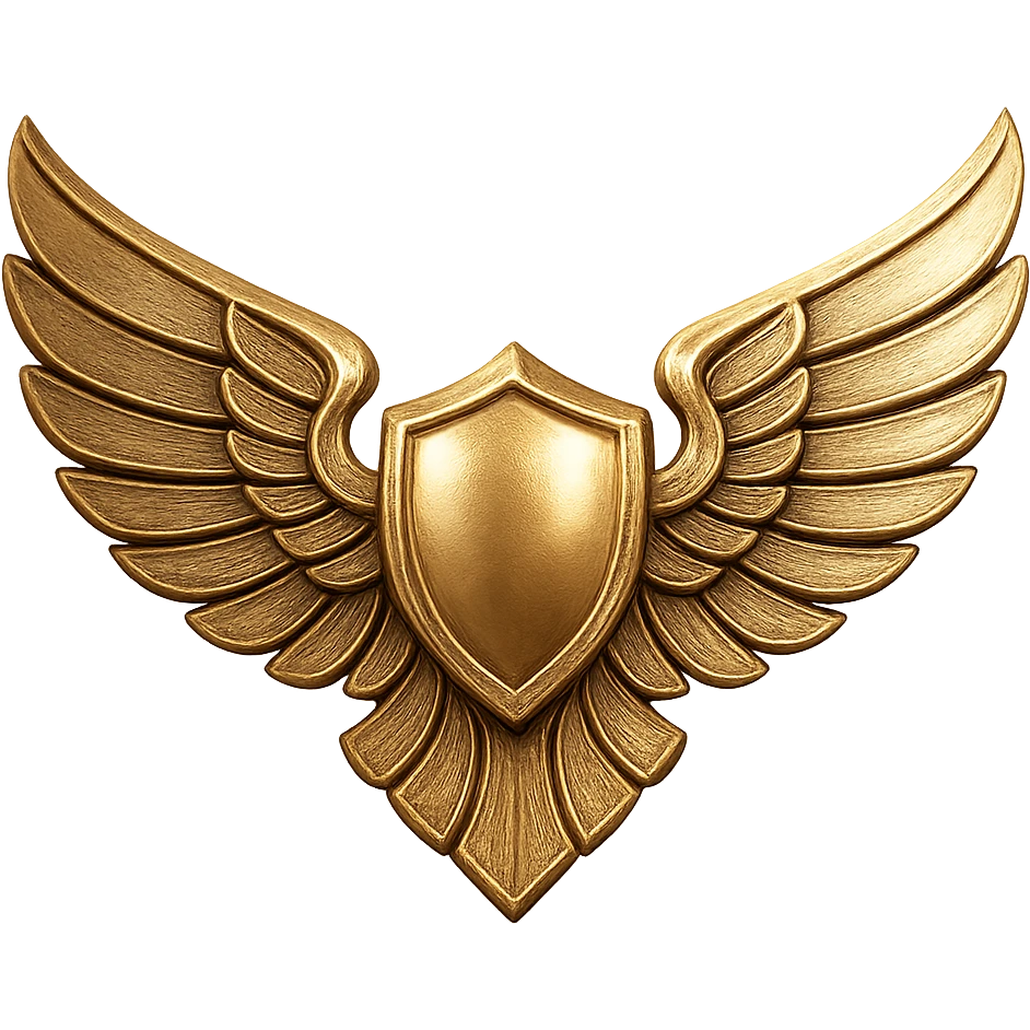 emblem with stylized wings, bold and symmetrical, suitable for a logo, metallic look, no text emoji