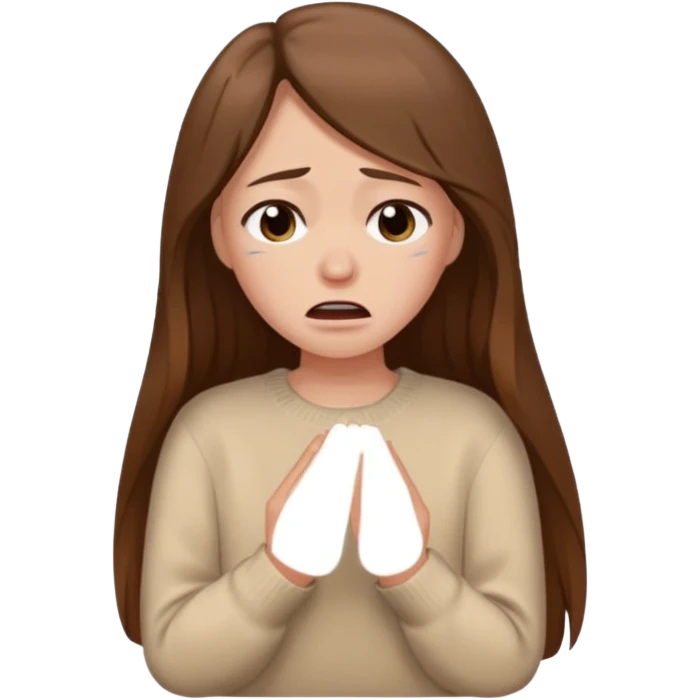 Woman with long brown hair crying, light beige sweater emoji