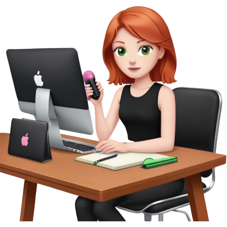 Redhead with green eyes sat at desk with pink MacBook and  podcast microphone black top and pink chair and a notebook  emoji