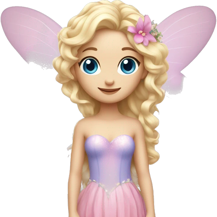 Fairy, a blonde hair with blue eyes and a pink dress with sparkly wings. Flowers. White wings. The fairy has long, curly hair with a lot of volume emoji