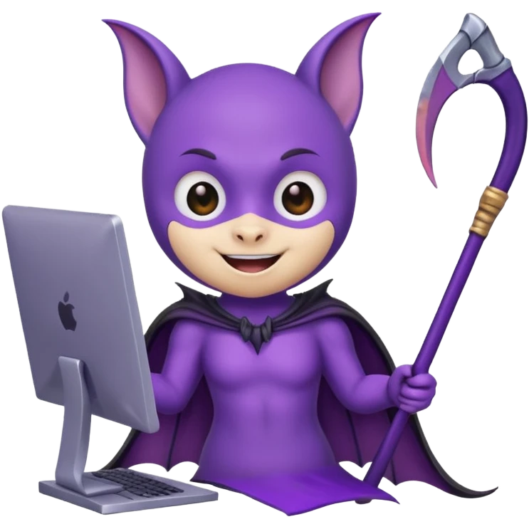 a happy purple bat holding a scythe while sitting in front of her computer emoji