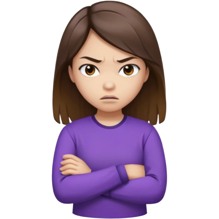 Angry Pouty girl with small asian eyes folding arms in a purple longsleeve shirt she has fair skin and long length brown hair with highlights emoji