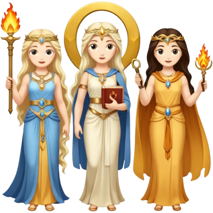 Three goddesses. one with a key, one with a torch, one with a book and a moon on it.  emoji