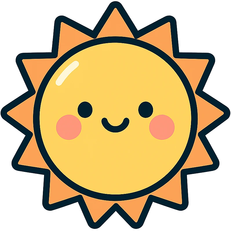 A series Sun of illustrations in a kawaii emoji style, with detailed shading and highlights, thin clean outlines, soft and rounded features. Pastel color palette using #98B5BC, #B5B3C1, #C9A3C9, #E4C0CA, #F7DCD1,#F7C0AA. The style is inspired by modern Japanese pop art and sticker aesthetics. Highly detailed, vector clarity, soft lighting and subtle shadows. Transparent background without background. emoji