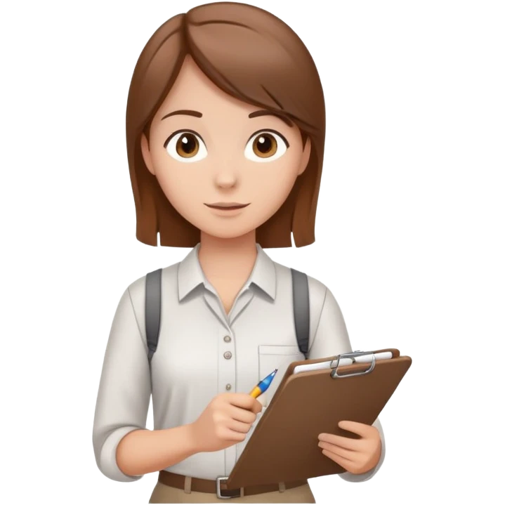Intern or volunteer with brown hair holding a clipboard and pencil, ready to take notes or assist. The character wears a simple shirt and has an eager posture emoji