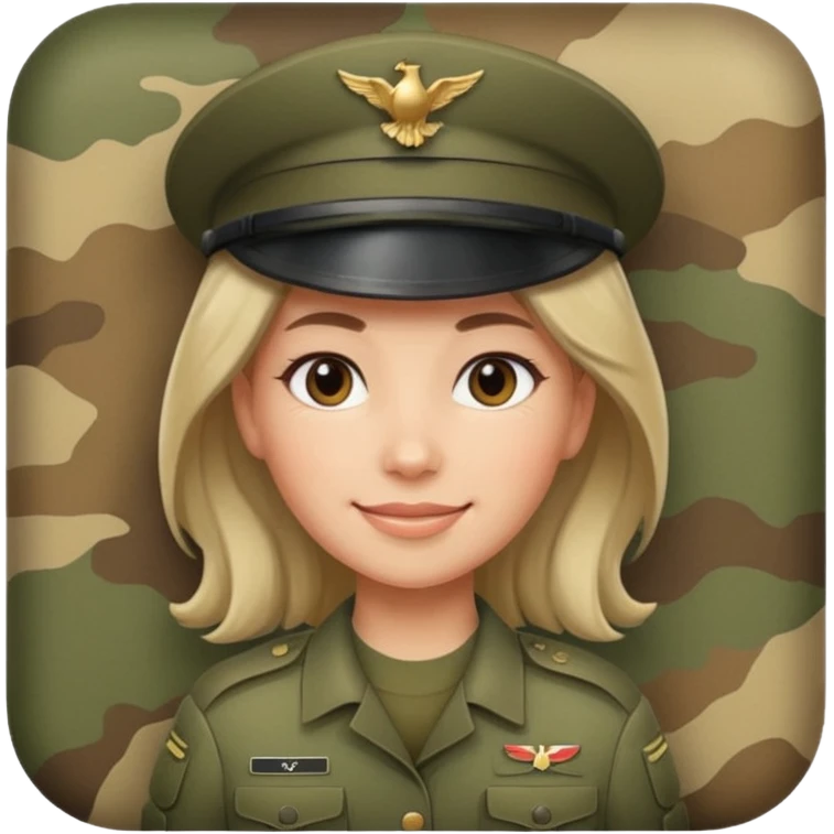 Female soldier emoji in Apple style, no cap/helmet, bust portrait, gentle smile, generic camo, hair visible, soft gradients emoji