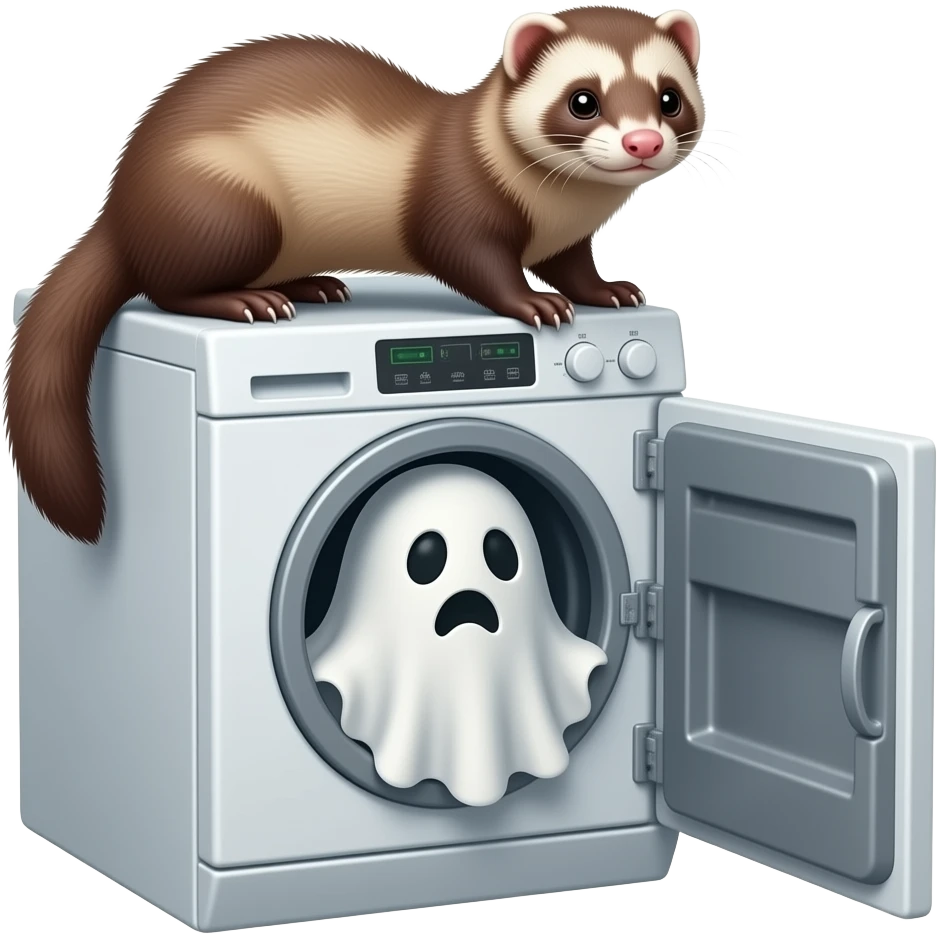 ferret sitting on top of a dishwasher with a ghost peeking out the open door emoji