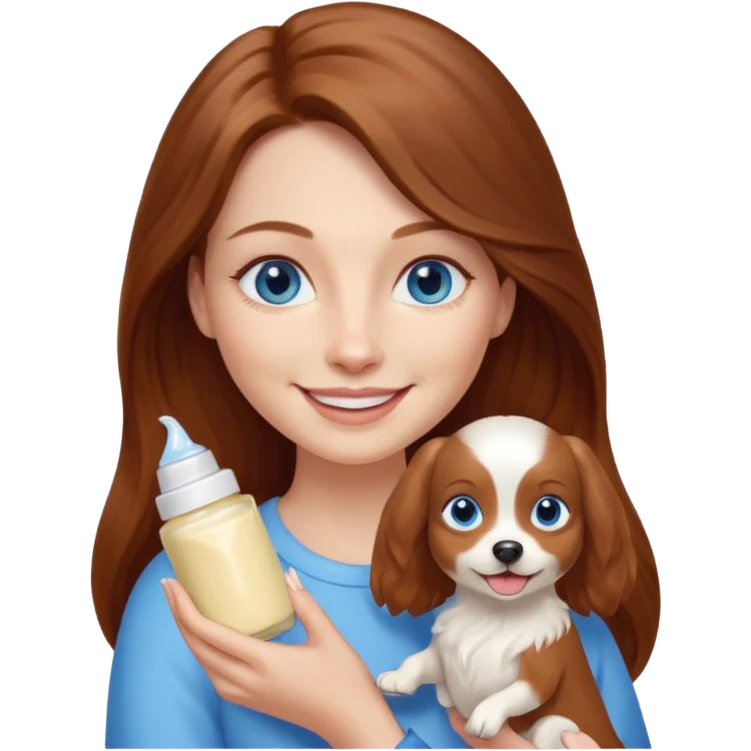 long hair chestnut color blue eyes woman holding small cream dog emoji
