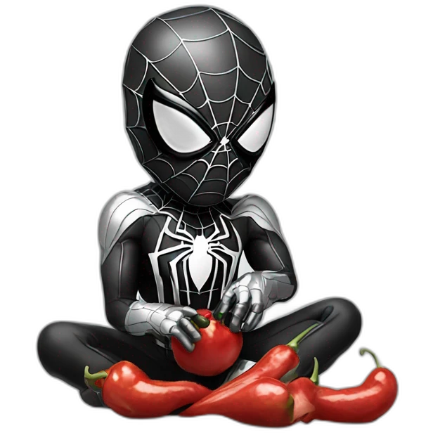 spider-man with his black white and silver suit eating a red hot chili emoji