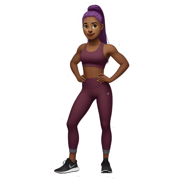 A girl with long straight purple hair and high cheekbones girl,  wearing a Bordeaux burgundy sports bra and medium gray yoga pants, Bordeaux burgundy calf socks, and black low-top canvas shoes, showing her 6 pack abs emoji