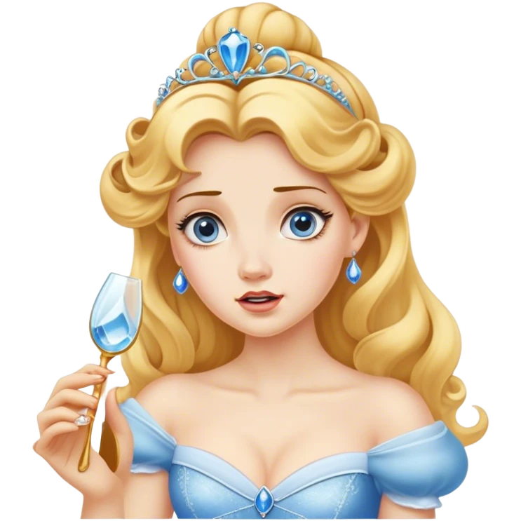 Cinematic Funny Cinderella Portrait Emoji, Stunned expression as she holds a glass slipper much too big, one eyebrow raised, golden curls slightly messy, a mix of royal grace and unexpected humor, capturing a lighthearted twist on her fairy tale moment! emoji