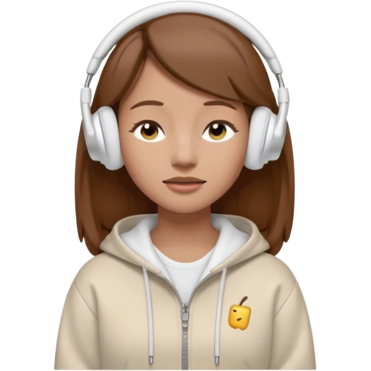 A clean, minimal emoji-style illustration of a light-skinned girl with brown hair worn loose. Her eyes are closed while listening to music with silver AirPods Max. She’s wearing a white zip-up hoodie. Smooth 3D emoji style, soft lighting, neutral tones. emoji