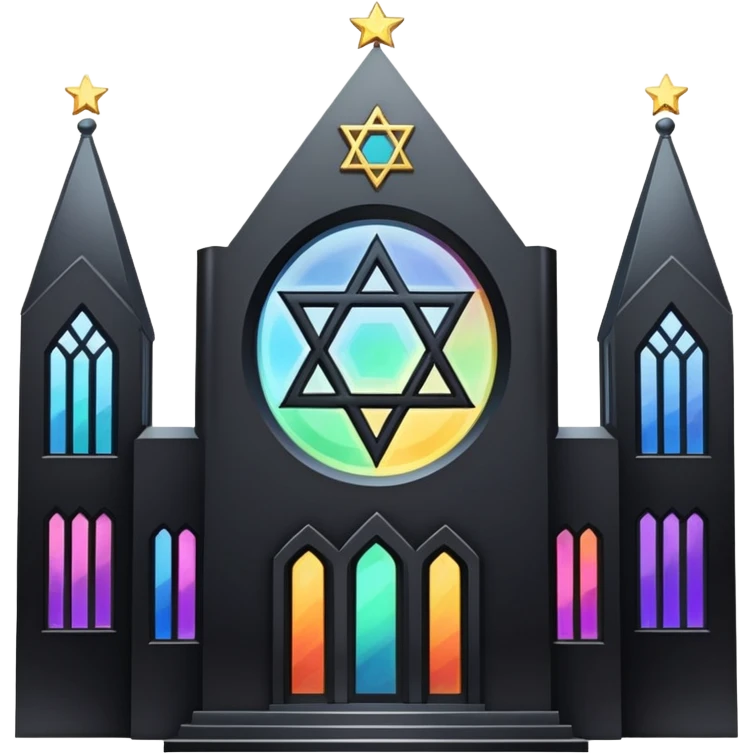 jewish synagogue temple in dark goth aesthetic style with black building and light rainbow tint glass windows and star of david and celestial symbolism emoji