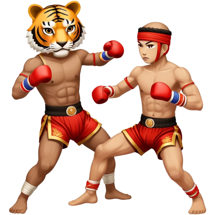 A fierce Muay Thai fighter wearing traditional mongkhon headband and elbow/knee wraps, in fighting stance with a tiger-like intensity, compact and stylized, with gold and red accents emoji