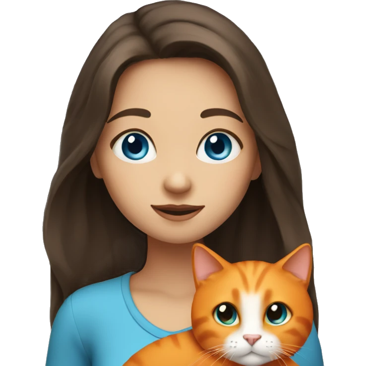long haired brunette girl with blue eyes holding one orange cat emoji