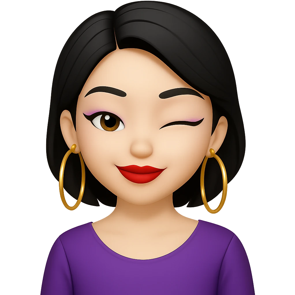 Make the ABG emoji wink, keep trendy makeup, bold lipstick, hoop earrings, and stylish hair, in apple emoji style, no background. emoji