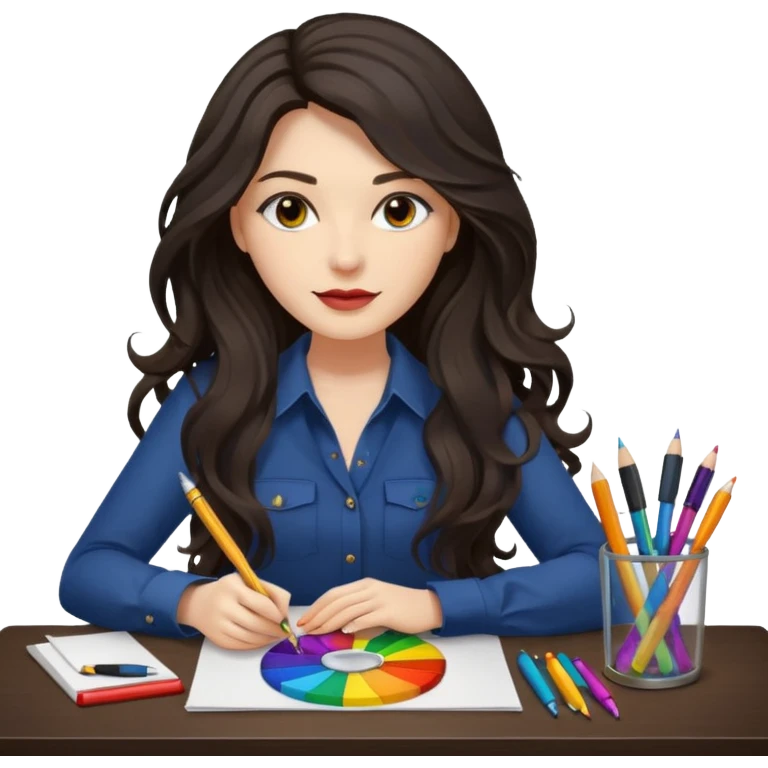 female dark wavy long hair graphic designer , color wheel, pens, papers , desktop emoji