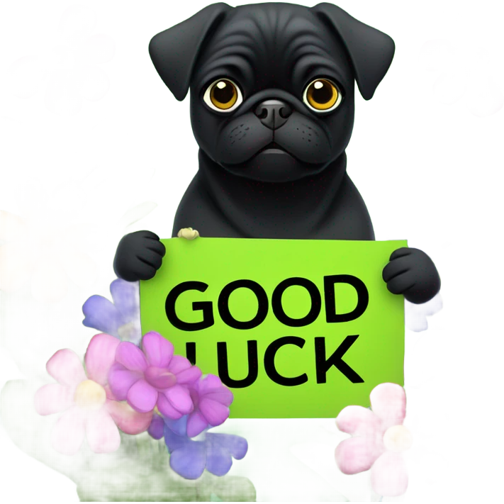 Black pug , surrounded by flowers, holding a green sign that says “good luck”  emoji