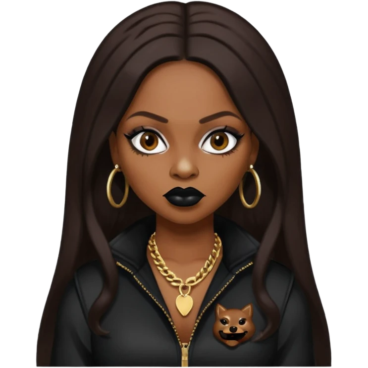 Foxy Brown, Rapper with dark brown long hair, black lip, black outfit emoji