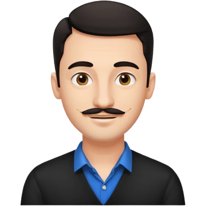 happy 25 year old man, receding dark hair, thin moustache, black earring left ear, graphic designer emoji