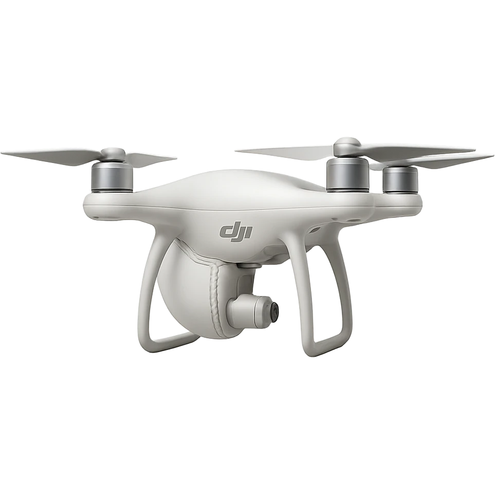 Redesign the cricket ball to be white and transform it to look like a realistic DJI drone with DJI-style propellors and body, side view. Remove the background completely, isolating the drone design. emoji