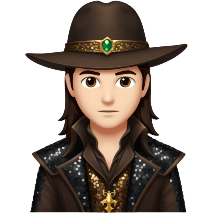 Gabriel Van Helsing from Van Helsing with long dark brown hair, dark brown sequin outfit emoji