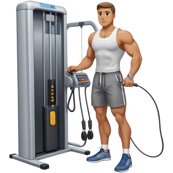 guy standing next to cable-machine with cable tied to ankle for leg-side-raise exercise emoji