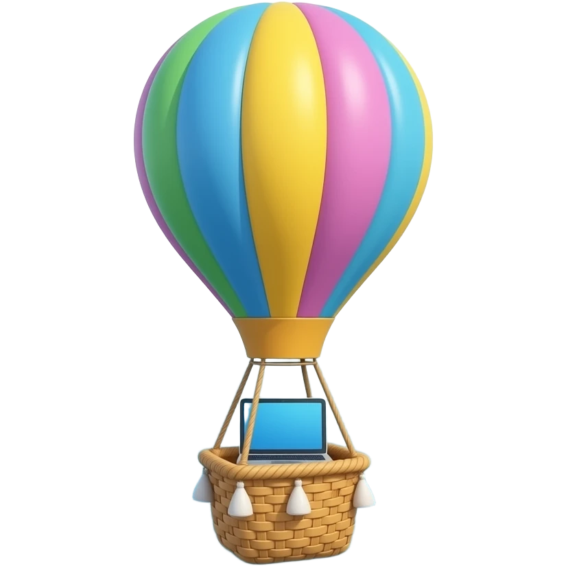 a laptop in the hot air balloon a small one in the bassket  under the  big sea emoji