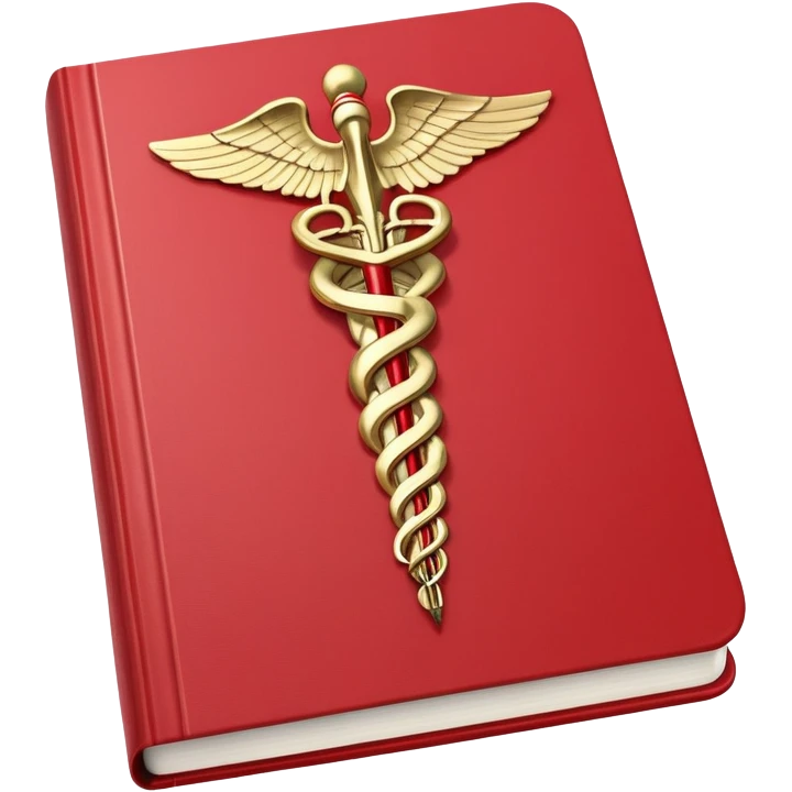 Medical textbook with red cover, caduceus symbol, open to a page showing anatomy emoji