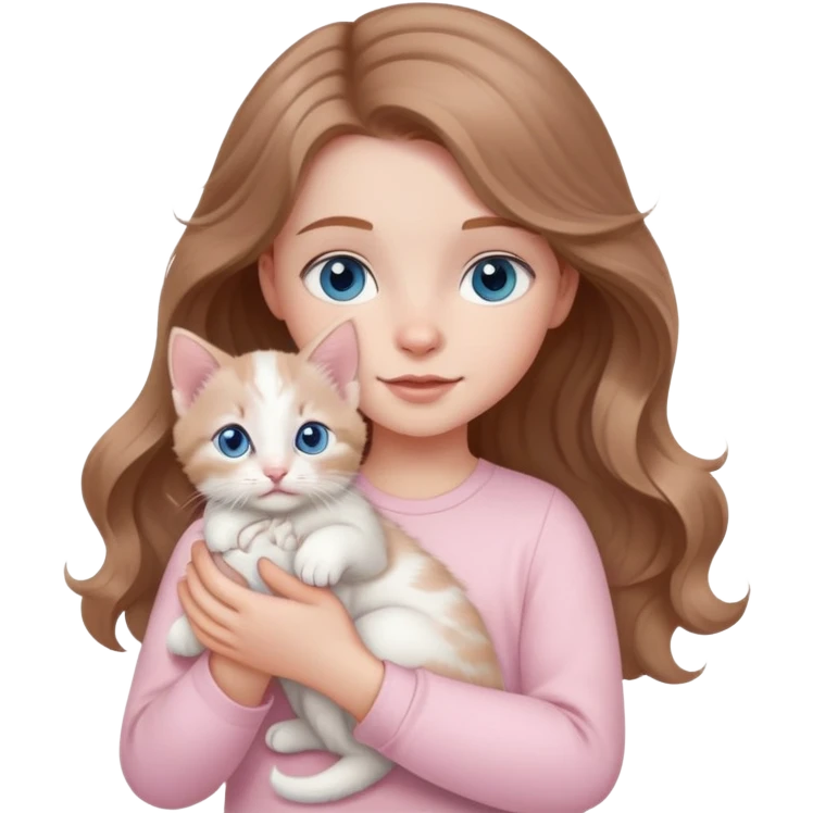 A little white girl with wavy light brown hair and blue eyes and pale pink clothes holds a white kitten emoji