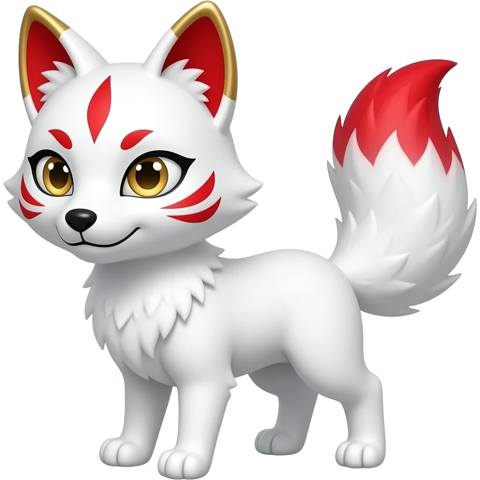 A pure white one-tailed kitsune (fox form,) with red accents, (one marking on each cheek, two markings each over its eyes and a single one on its forehead,) red on the insides of its ears, with gold markings inside of its ears,) and pale golden eyes. Pure white paws and a red tail tip. emoji