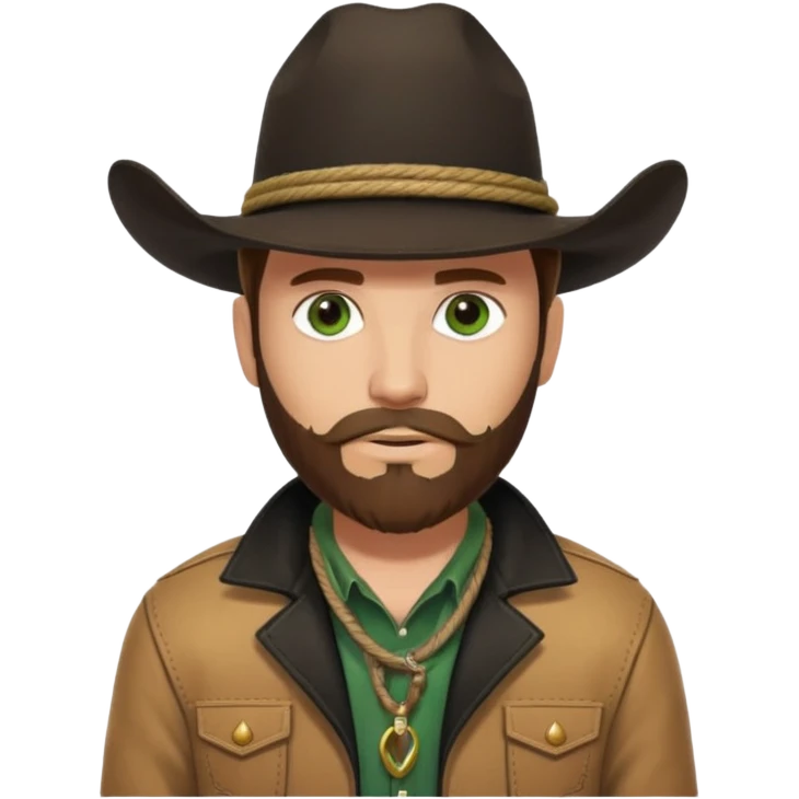 yellowstone ranch cowboy with brown beard, black cowboy hat with black rope and no jewel, black t-shirt, leather tan jacket, and green eyes emoji